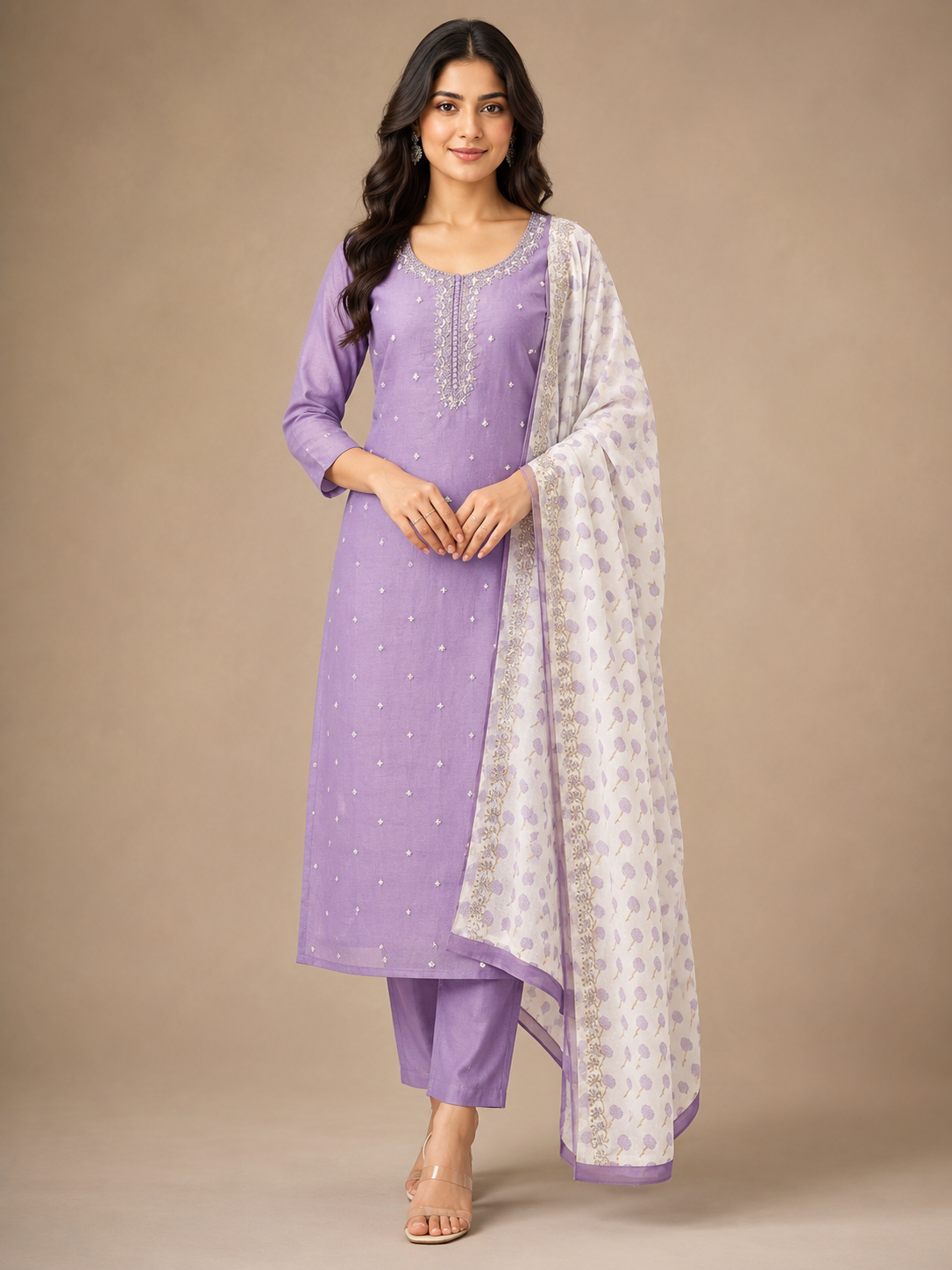 Lavender Vichitra Silk Embroidered Straight Cut Suit Set with Printed Dupatta